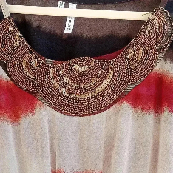 Studio Y Ombre Sheer Chiffon Beaded Neckline Flutter Sleeve Flowy Blouse Top - Picture 3 of 7